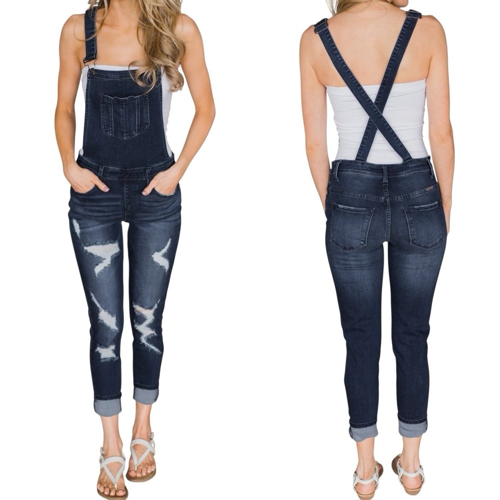 Kancan Skinny Denim Bib Overalls Jumpsuit Size S Distressed Ankle Stretch Fitted